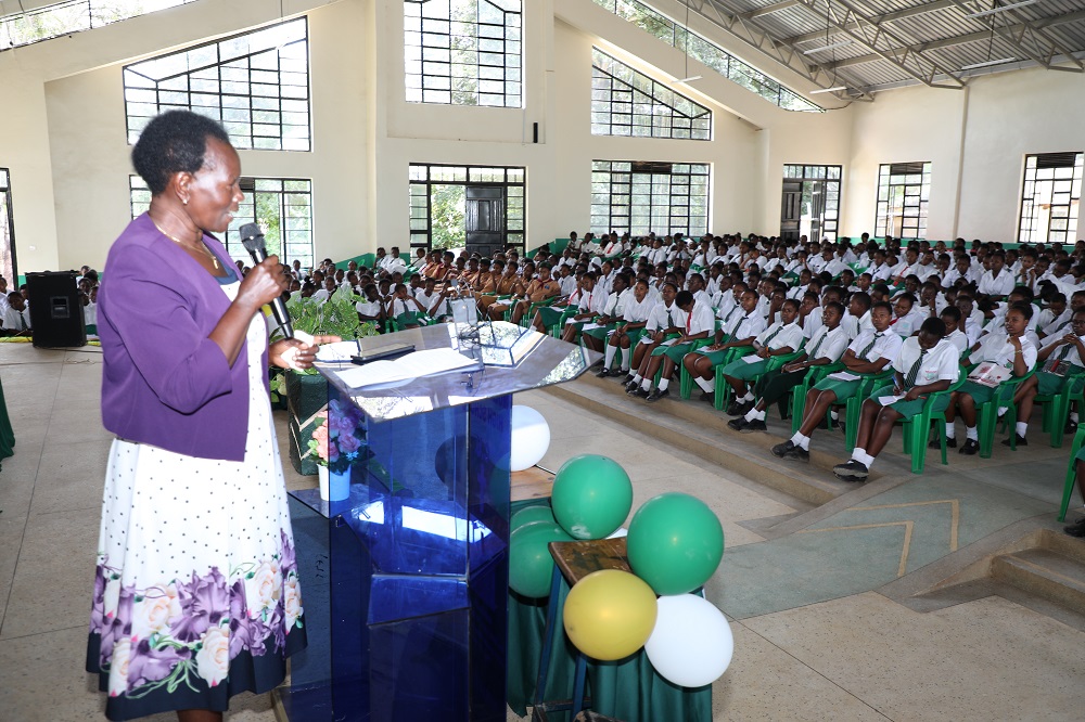 Industrial Chemist Prof. Hellen Njeri delivers a talk on women and Science and Technology at Mulango Girls High School in Kitui County to mark the International Day for Women and Girls in Science.